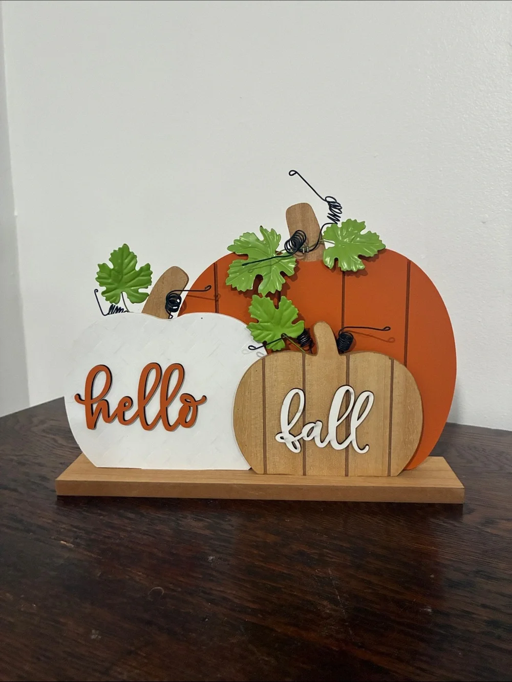 NWT- Hello Fall Wooden Pumpkin Trio Tabletop Decoration Sign w/ Metal Leaves